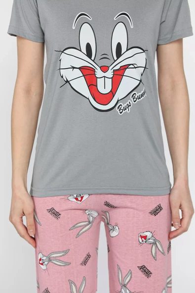 Gri Kadın Bisiklet Yaka Kısa Kol Baskılı Pijama Takımı - 4