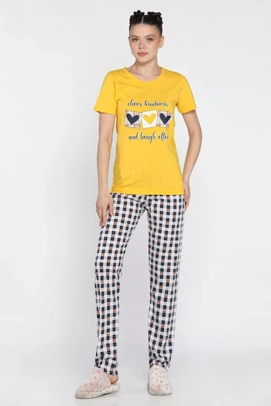 Sarı Kadın Ekose Desenli Baskılı Kısa Kol Pijama Takımı - 1