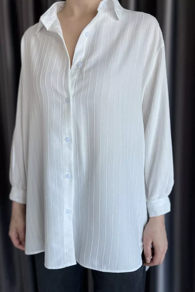 Krem Kadın Çizgi Desenli Uzun Kol Oversize Gömlek - 4