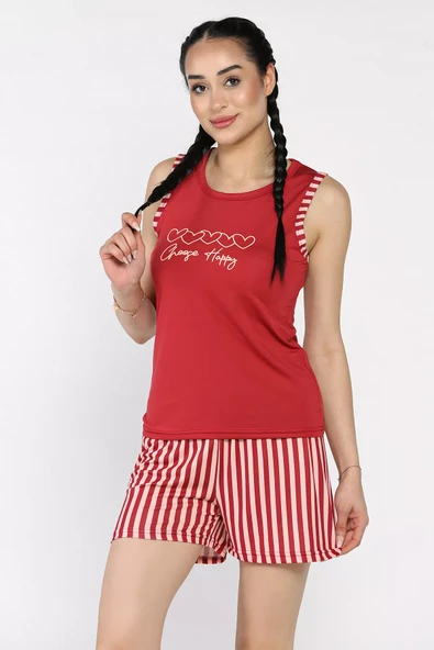 Bordo Kadın Çizgi Desenli Baskılı Şortlu Pijama Takımı - 2
