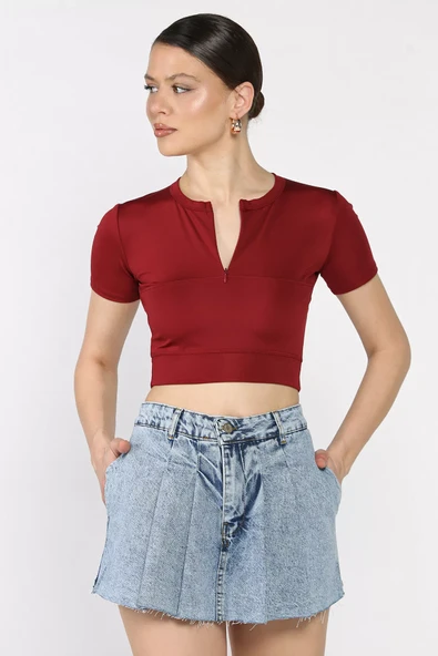 Bordo Kadın Ön Fermuarlı Modal Kumaş Crop Top Bluz - 1