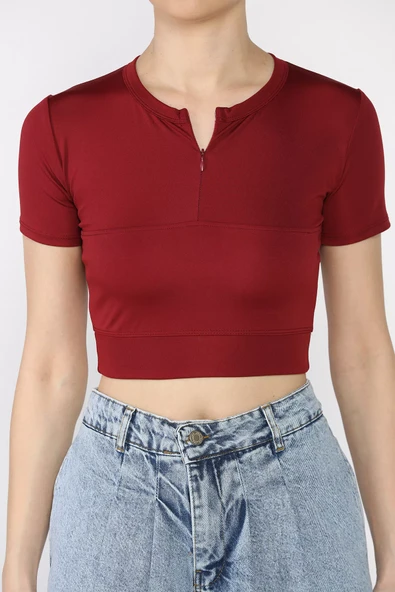 Bordo Kadın Ön Fermuarlı Modal Kumaş Crop Top Bluz - 4