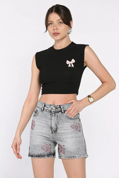 Gri Kadın Çiçek Taşlı Jean Kot Şort - 3