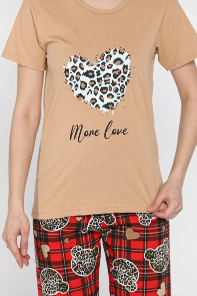 Bej Kadın Ekose Desenli Yarım Kol Baskılı Pijama Takımı - 4
