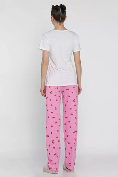 Pembebeyaz Kadın Kiraz Baskılı Yarım Kol Pijama Takımı - 3