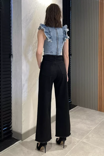 Siyah Kadın Bel Ve Paça Püsküllü Yüksek Bel Jean Kot Pantolon - 3