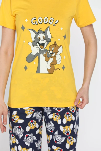Sarı Kadın Baskılı Yarım Kol Pijama Takımı - 4
