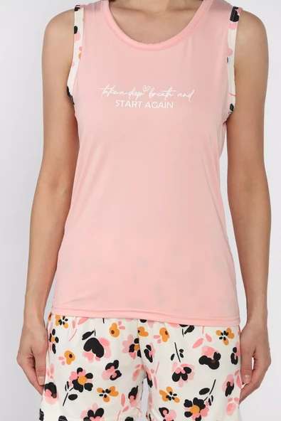 Pudra Kadın Çiçek Baskılı Şortlu Pijama Takımı - 4