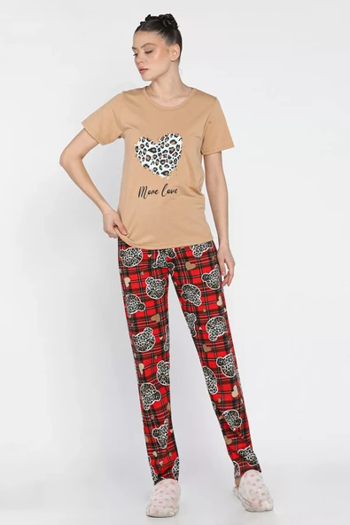 Bej Kadın Ekose Desenli Yarım Kol Baskılı Pijama Takımı - 1