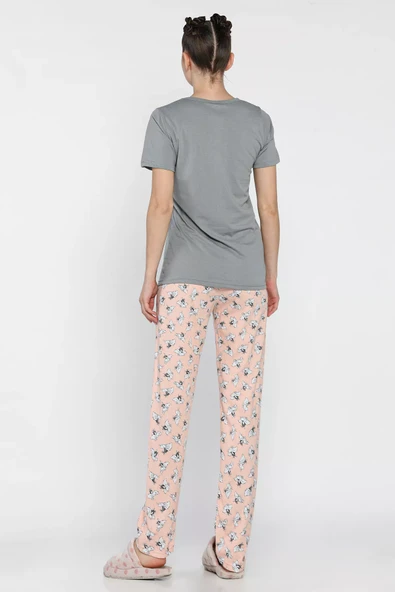 Gri Kadın Baskılı Yarım Kol Pijama Takımı - 3