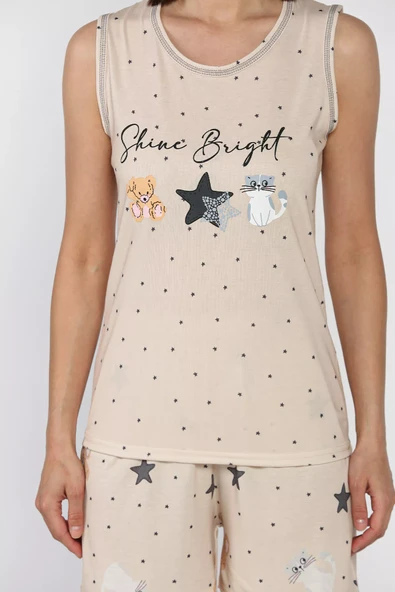 Bej Kadın Baskılı Şortlu Pijama Takımı - 4