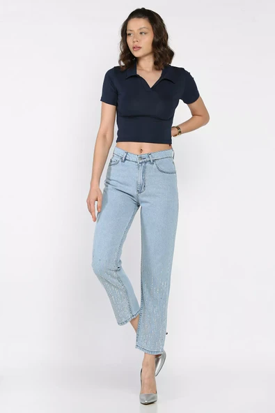 Açıkmavi Kadın Yüksek Bel Taş İşlemeli Jean Kot Pantolon - 2