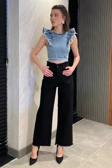 Siyah Kadın Bel Ve Paça Püsküllü Yüksek Bel Jean Kot Pantolon - 1
