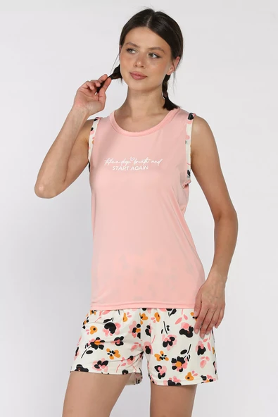 Pudra Kadın Çiçek Baskılı Şortlu Pijama Takımı - 1