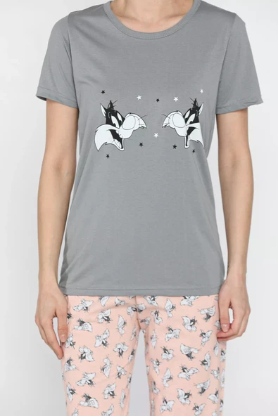 Gri Kadın Baskılı Yarım Kol Pijama Takımı - 4