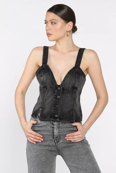 Siyah Arkası Korseli Jean Kot Büstiyer - 2