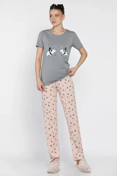 Gri Kadın Baskılı Yarım Kol Pijama Takımı - 1