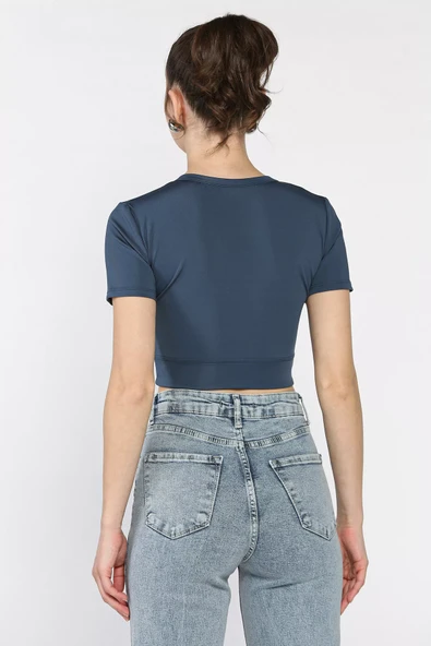 Petrol Kadın Ön Fermuarlı Modal Kumaş Crop Top Bluz - 3