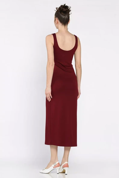 Bordo Kadın Kalın Askılı Modal Kumaş Likralı Elbise - 3
