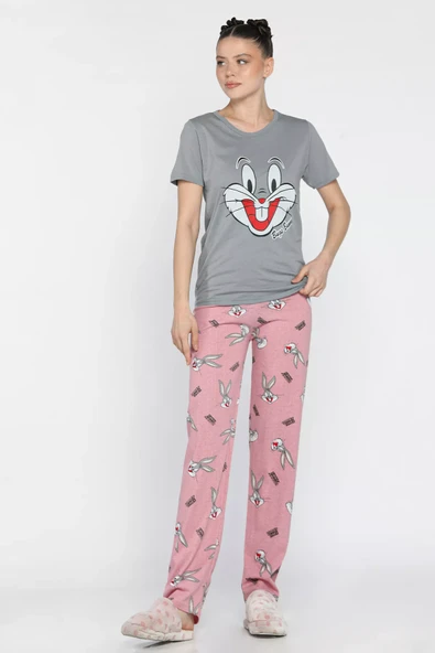 Gri Kadın Bisiklet Yaka Kısa Kol Baskılı Pijama Takımı - 2