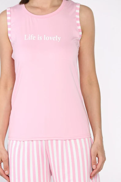 Pembe Kadın Çizgi Desenli Şortlu Pijama Takımı - 4