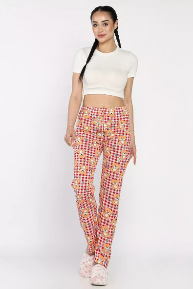 Kremkırmızı Kadın Bel Lastikli Ayıcık Baskılı Pijama Altı - 2