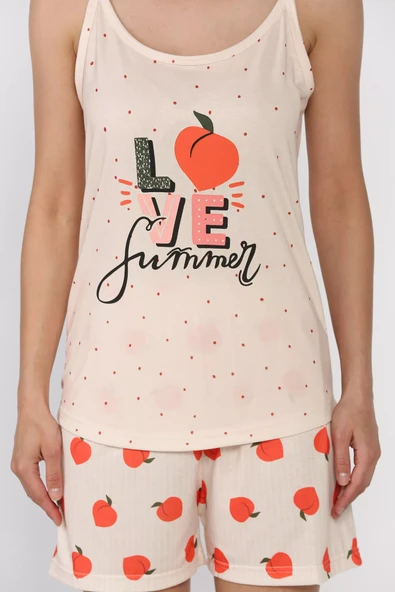 Bej Kadın Baskılı Şortlu Pijama Takımı - 4