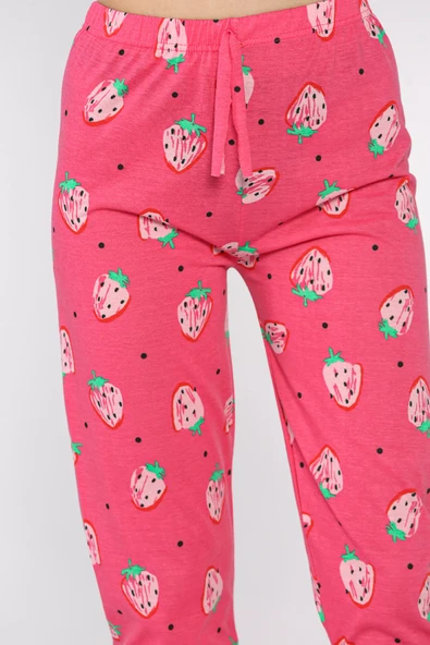 Fuşya Kadın Çilek Baskılı Bel Lastikli Pijama Altı - 4