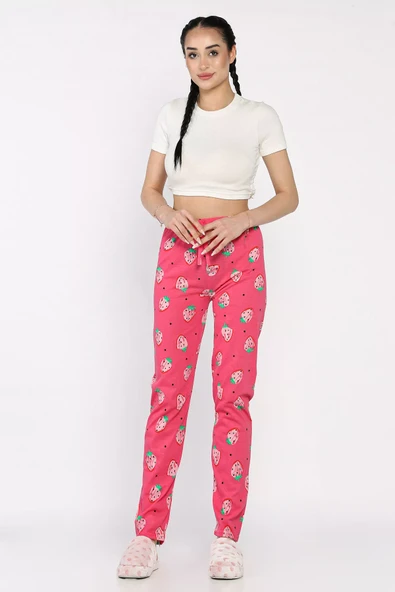 Fuşya Kadın Çilek Baskılı Bel Lastikli Pijama Altı - 1