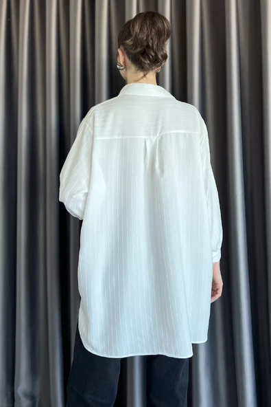 Krem Kadın Çizgi Desenli Uzun Kol Oversize Gömlek - 3