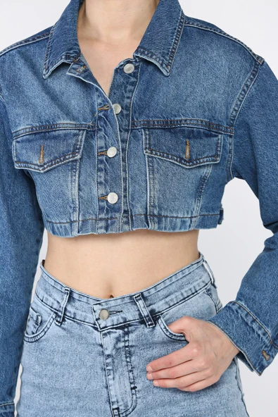 Lacivert Kadın Crop Top Jean Kot Ceket - 4