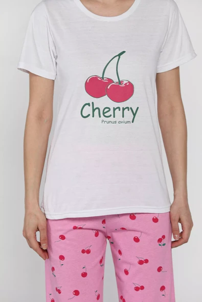 Pembebeyaz Kadın Kiraz Baskılı Yarım Kol Pijama Takımı - 4