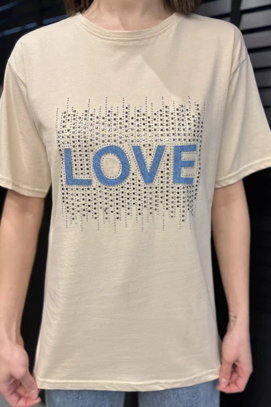 Bej Love Taşlı Bisiklet Yaka Kadın Tişört - 4