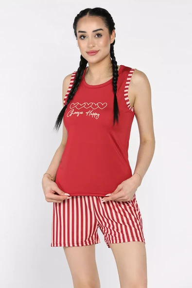 Bordo Kadın Çizgi Desenli Baskılı Şortlu Pijama Takımı - 1