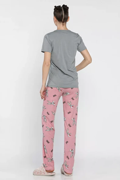 Gri Kadın Bisiklet Yaka Kısa Kol Baskılı Pijama Takımı - 3