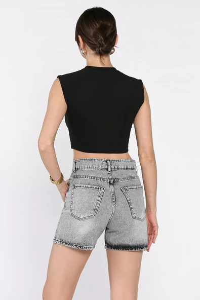 Gri Kadın Çiçek Taşlı Jean Kot Şort - 2
