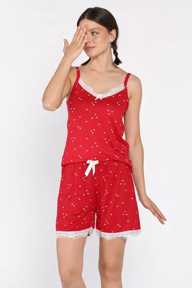 Kırmızı Kadın İp Askılı Şortlu Baskılı Pijama Takımı - 1