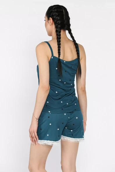 Petrol Kadın İp Askılı Baskılı Şortlu Pijama Takımı - 3