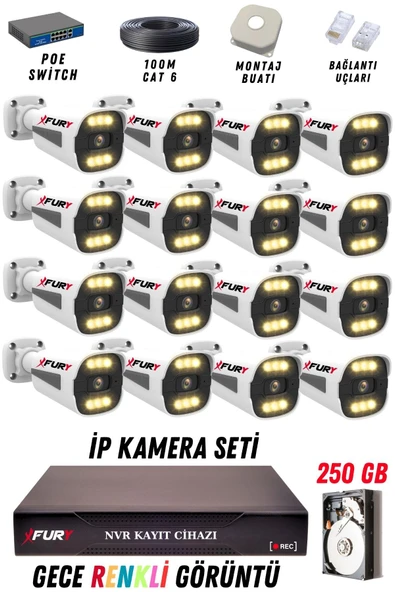 FURY 16 Kameralı Ip Güvenlik Kamerası Seti 4mp Gece Renkli Su Geçirmez 1506 250GB ürün görseli