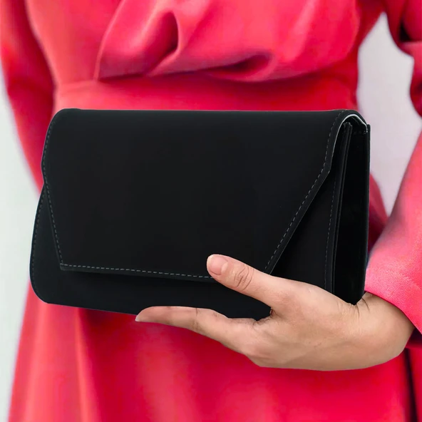 Erkan Saçmacı Siyah Süet Zincir Askılı Manyetik Kapaklı İç Cepli Zarif Abiye El Çantası - 2