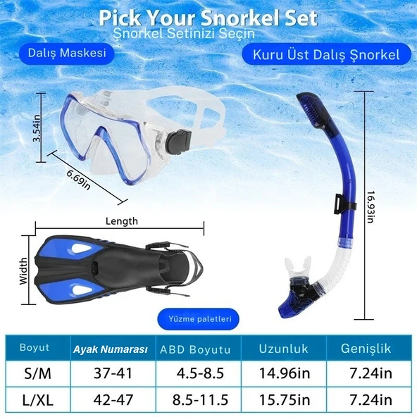 Techtic Paletli Şnorkel Seti Tüplü Dalış Ekipmanları Yüzgeç Dalış Gözlüğü Seti 37-41(S-M)42-47(L-XL) - 8