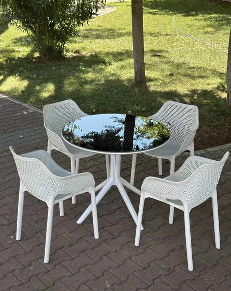 Beyaz Royal Rattan Yuvarlak Camlı Masa Takımı 4 Kişilik Camlı Balkon Teras Bahçe Masa Takımı A Plus