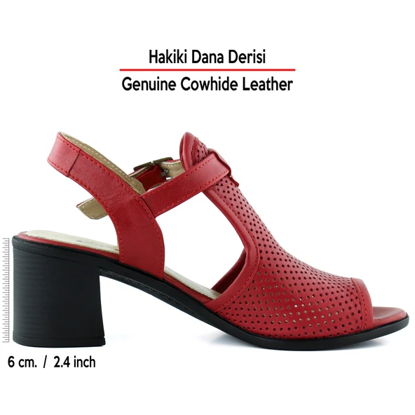 Erkan Saçmacı Elena Kırmızı Hakiki Dana Derisi Delik Detaylı Kalın Topuklu Rahat Günlük Sandalet - 2