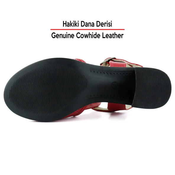 Erkan Saçmacı Elena Kırmızı Hakiki Dana Derisi Delik Detaylı Kalın Topuklu Rahat Günlük Sandalet - 6