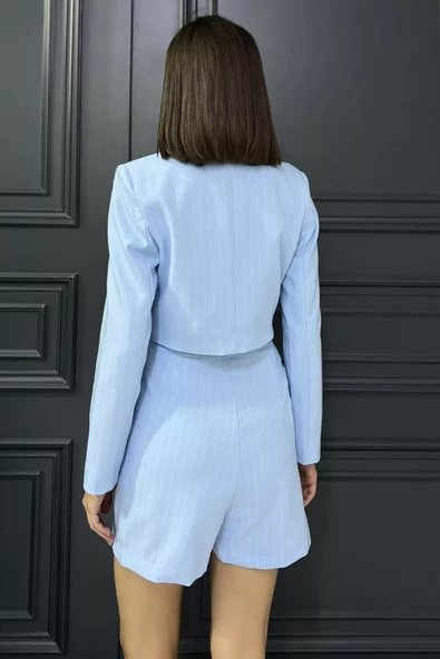 Bebemavisi Çizgili Crop Top Ceket Şort Etek İkili Takım - 3