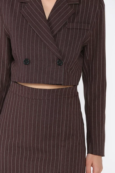 Kahve Çizgili Crop Top Ceket Şort Etek İkili Takım - 4