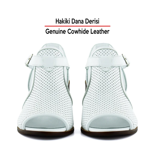 Erkan Saçmacı Elena Beyaz Hakiki Dana Derisi Delik Detaylı Kalın Topuklu Rahat Günlük Sandalet - 4