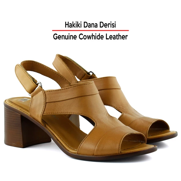 Erkan Saçmacı Kanne Taba Hakiki Dana Derisi Cırt Bantlı Kalın Topuklu Rahat Günlük Sandalet - 3