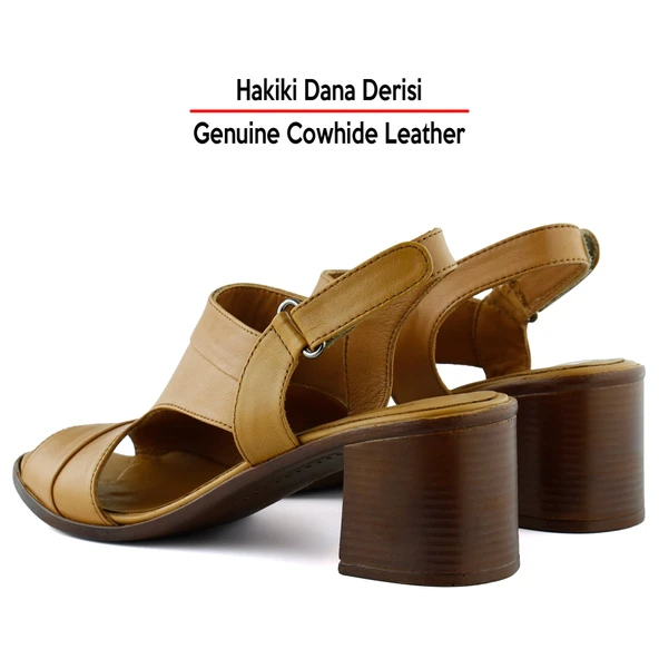 Erkan Saçmacı Kanne Taba Hakiki Dana Derisi Cırt Bantlı Kalın Topuklu Rahat Günlük Sandalet - 5