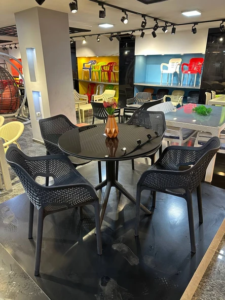 Royal Rattan Yuvarlak Camlı Masa Takımı 4 Kişilik Camlı Balkon Teras Bahçe Masa Takımı A Plus - 2